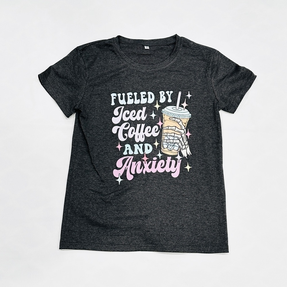 NWOT Fueled By Iced Coffee & Anxiety Grey Graphic T-shirt